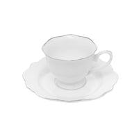 Jogo 6 Xícaras de Café Com Pires Porcelana Branco Com Fio Prateado - 80ml