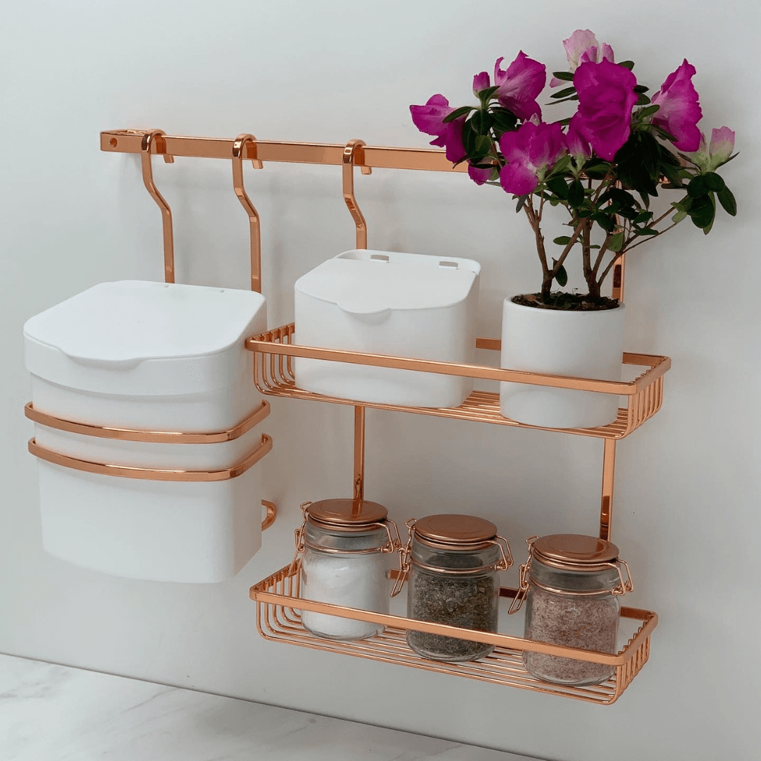 Suporte com Lixeira 2,5 Litros Branca e Rose Gold Para Pendurar Barra