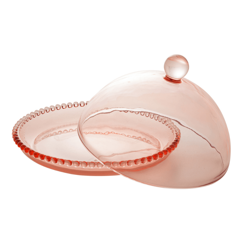 Queijeira de Cristal Pearl Bolinha Rosa - 20 cm