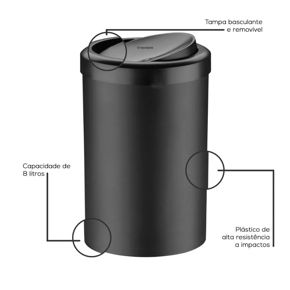 Lixeira com Tampa Basculante Preta 8 Litros