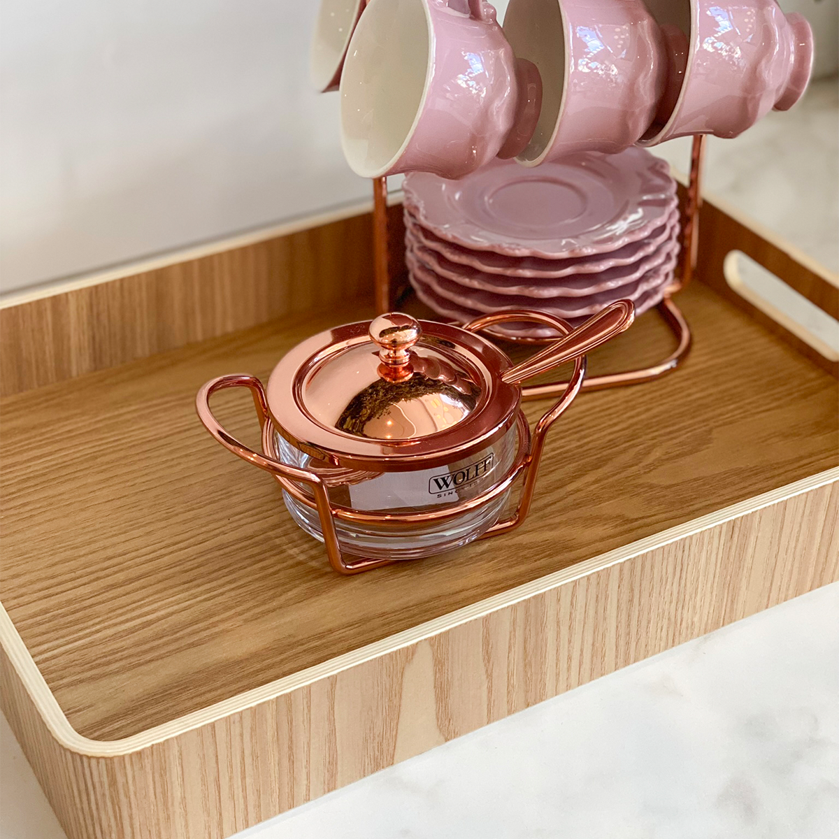 Açucareiro de Vidro Com Colher Tampa e Suporte Rose Gold Luxo