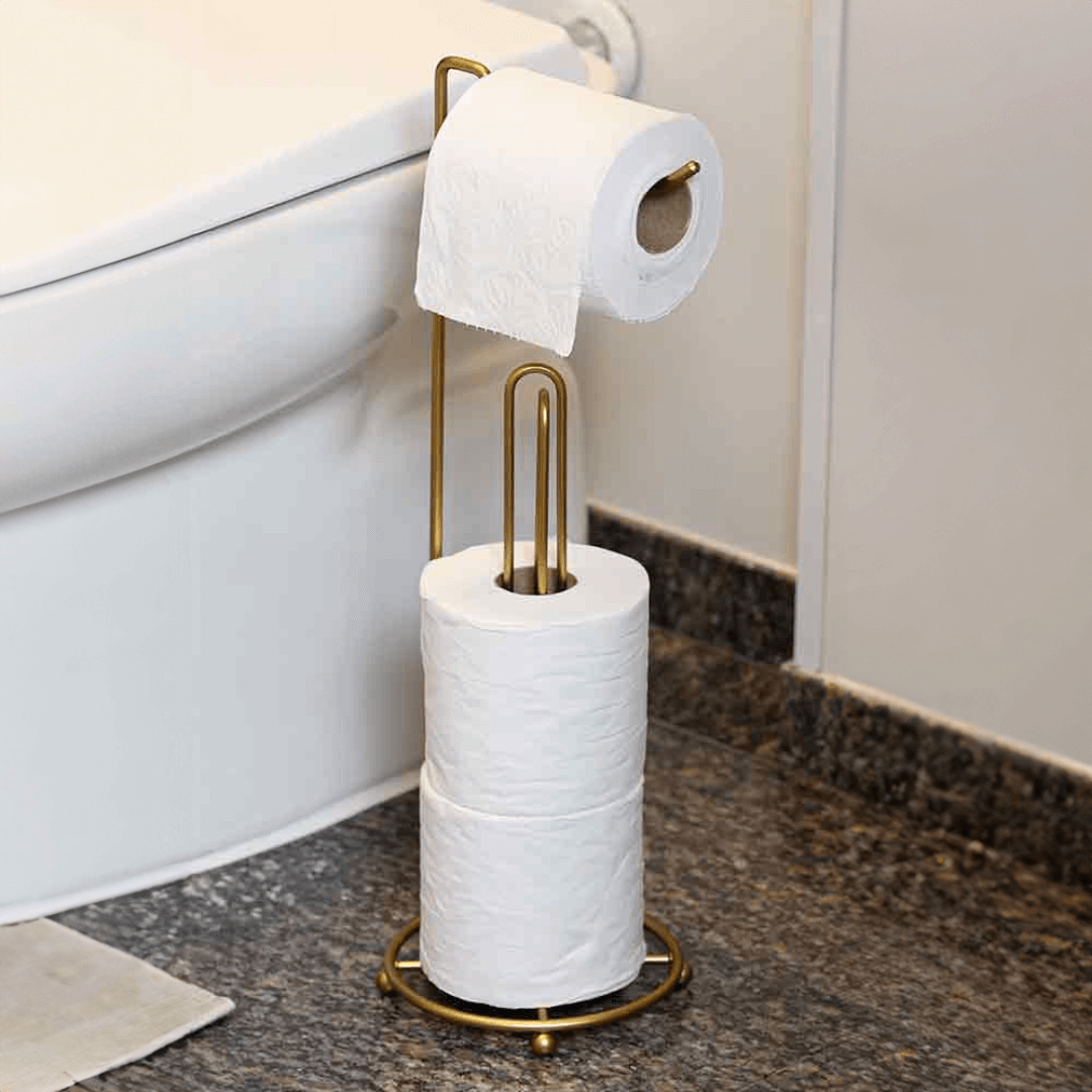 Suporte Porta Papel Higienico de Chão Triplo Dourado Fosco