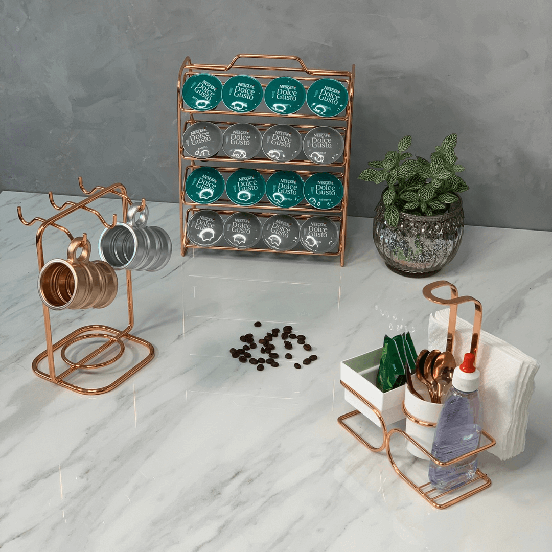 Conjunto para Chá Café Branco Rose Gold Porta Sachês Adoçante