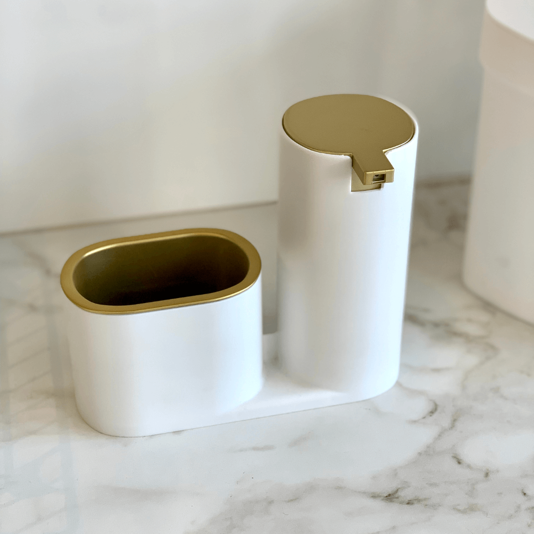 Dispenser Porta Detergente com Bucha Linha Conceito Branco com Dourado