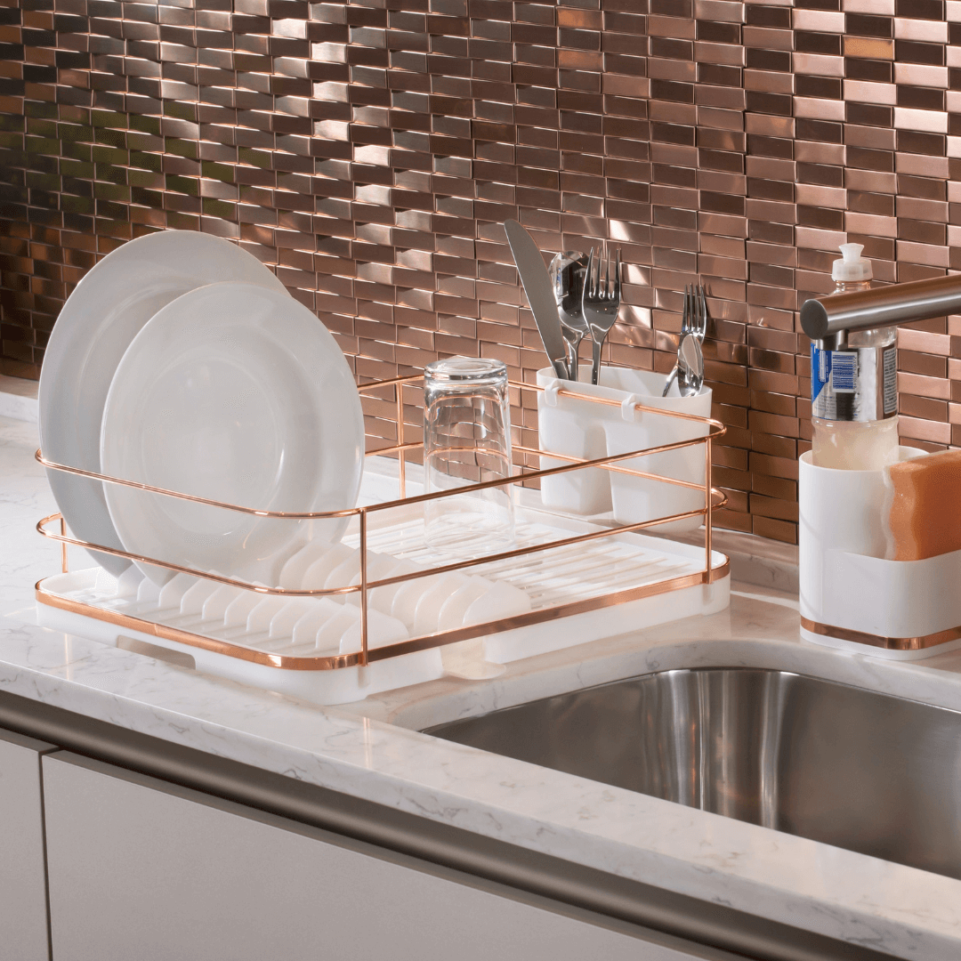 Escorredor de Louças Rose Gold Branco Com Porta Talheres