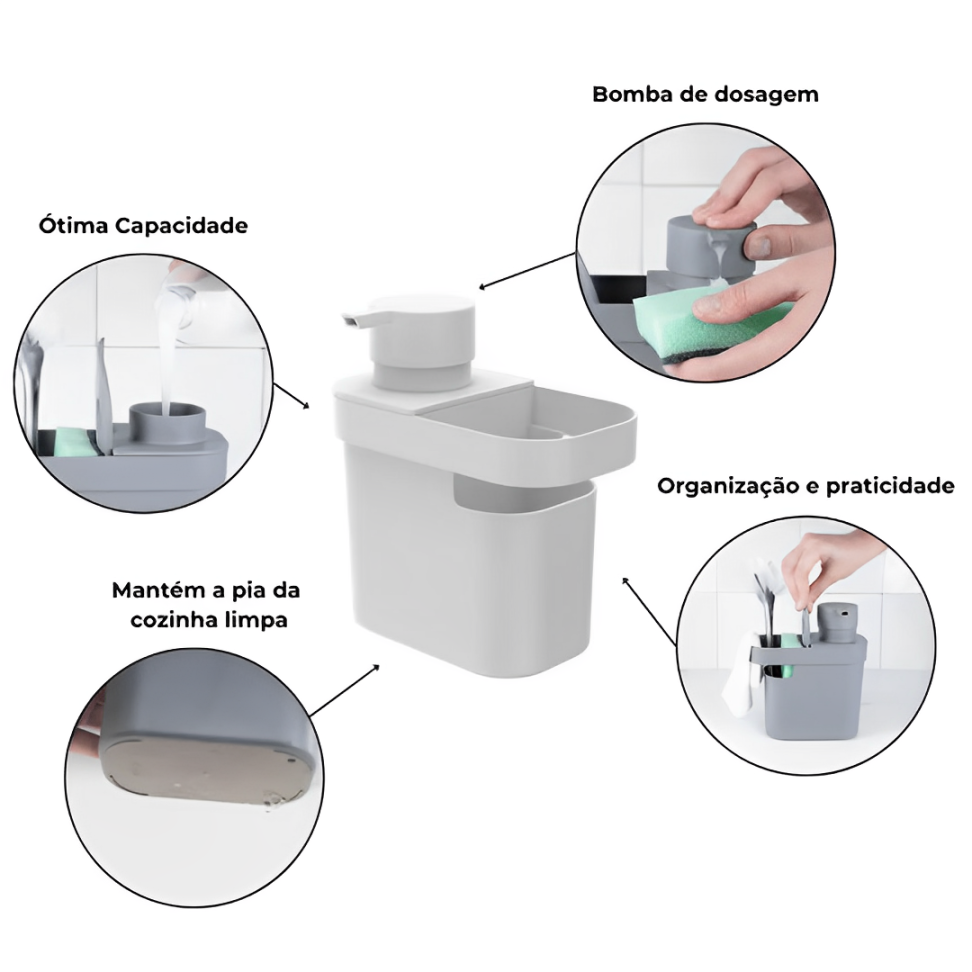 Dispenser Porta Detergente e Organizador de Pia Trium Branco 650 Ml