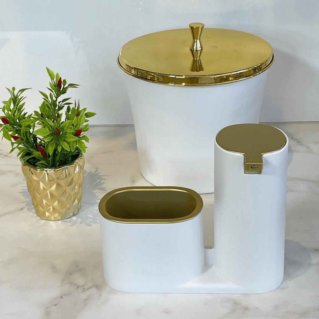 Dispenser Porta Detergente com Bucha Linha Conceito Branco com Dourado