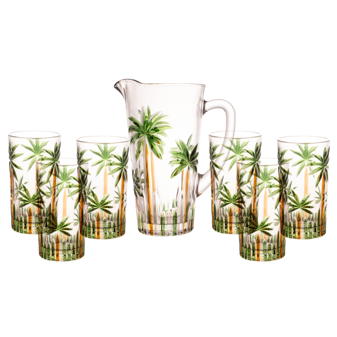 Jogo 6 Copos e 1 Jarra Cristal Palm Tree Handpaint