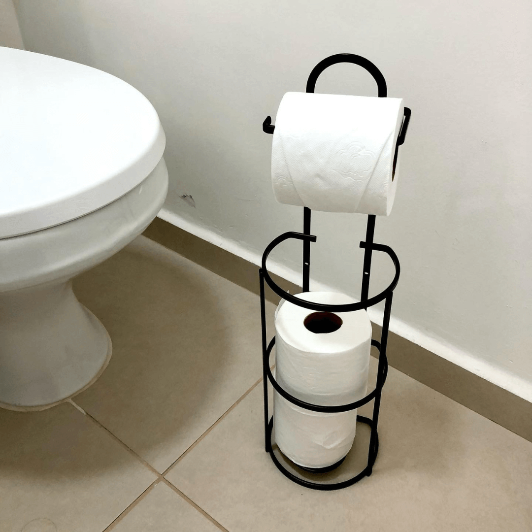 Porta Papel Higiênico De Chão 3 Rolos Aço Preto Fosco Black