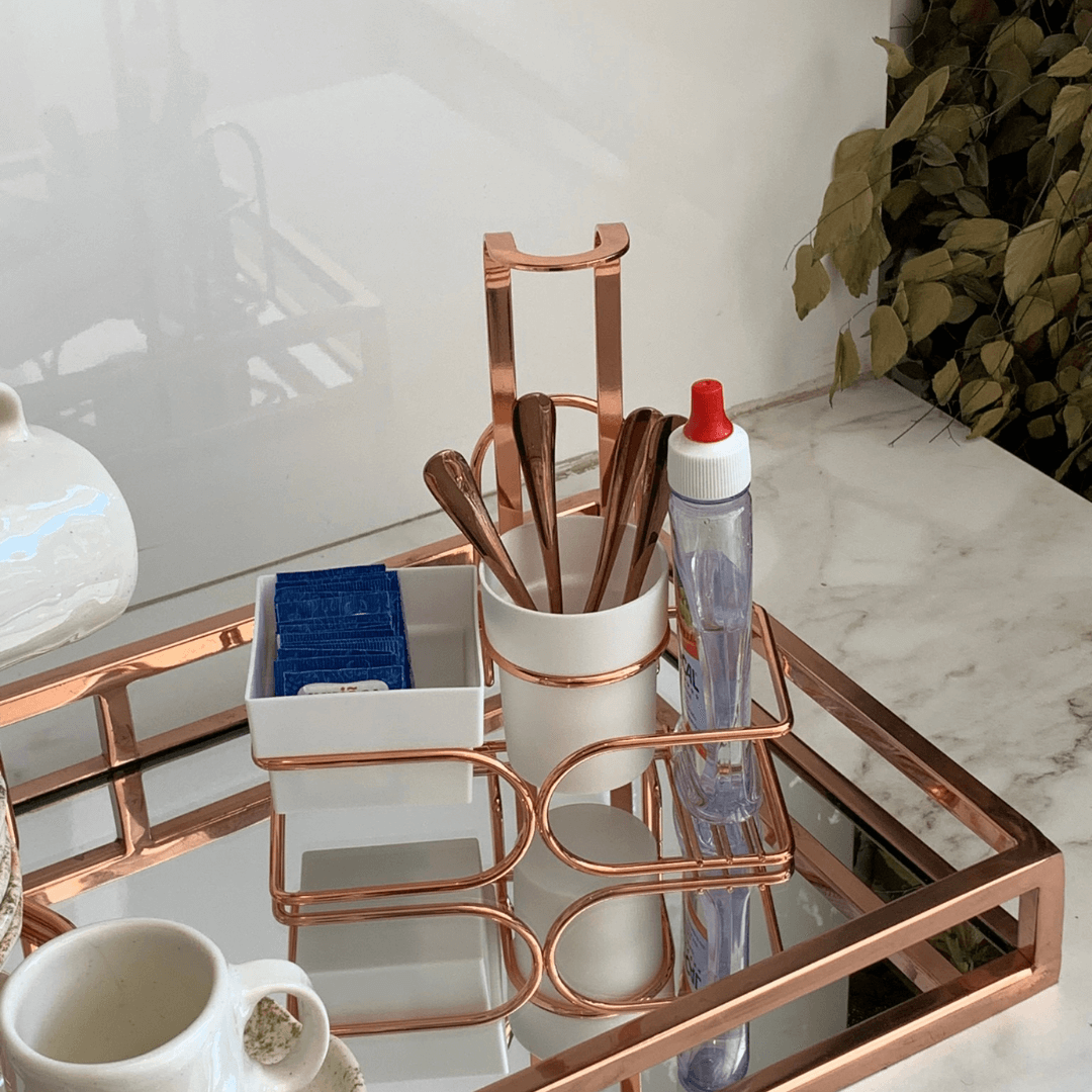 Conjunto para Chá Café Branco Rose Gold Porta Sachês Adoçante