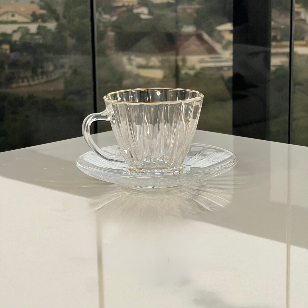 Jogo 2 Xícaras de Café com Pires Radial em Cristal Fio de Ouro 70ml