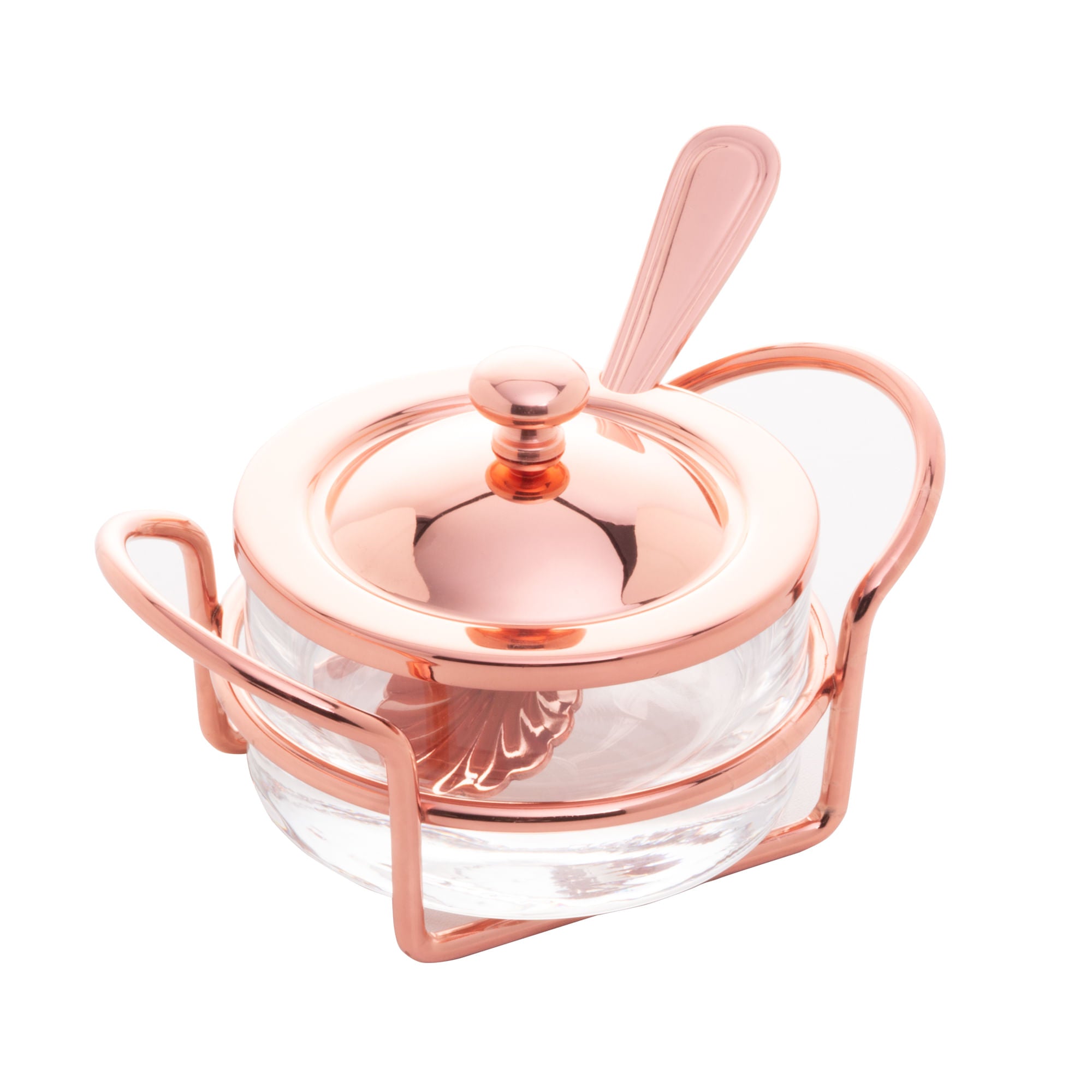 Açucareiro de Vidro Com Colher Tampa e Suporte Rose Gold Luxo - Ela Decora