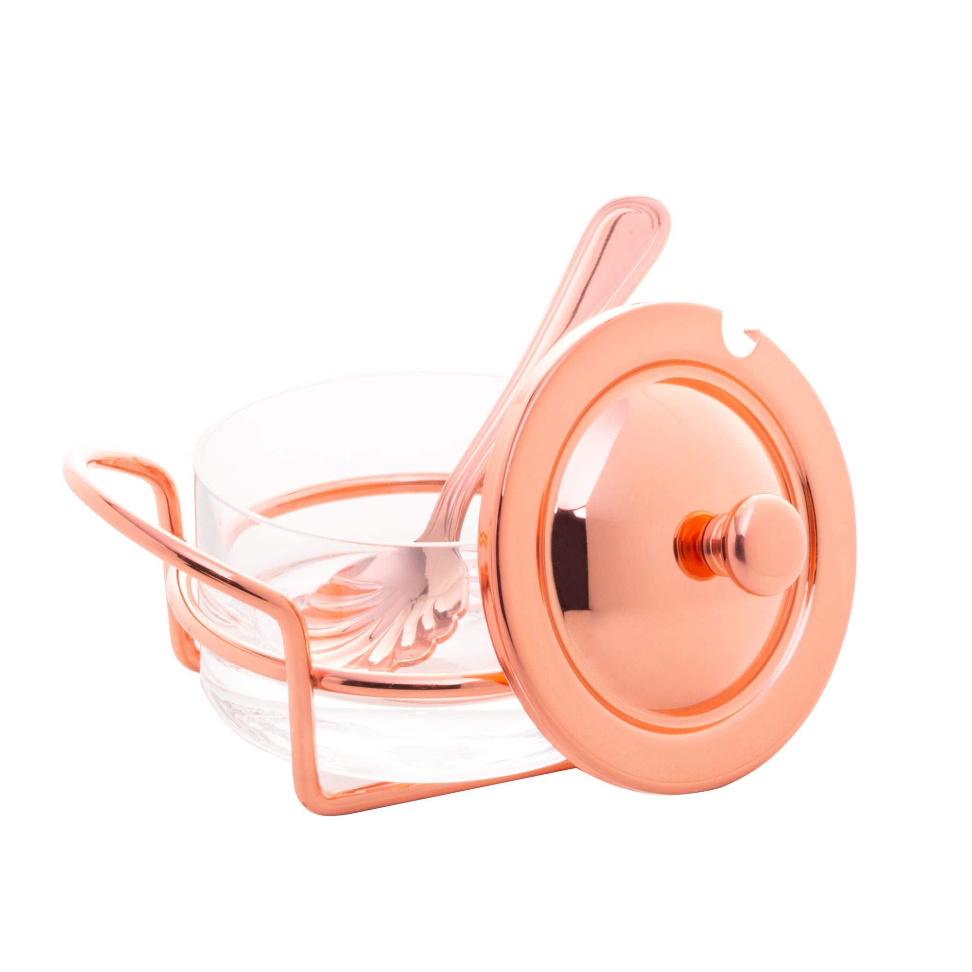 Açucareiro de Vidro Com Colher Tampa e Suporte Rose Gold Luxo - Ela Decora