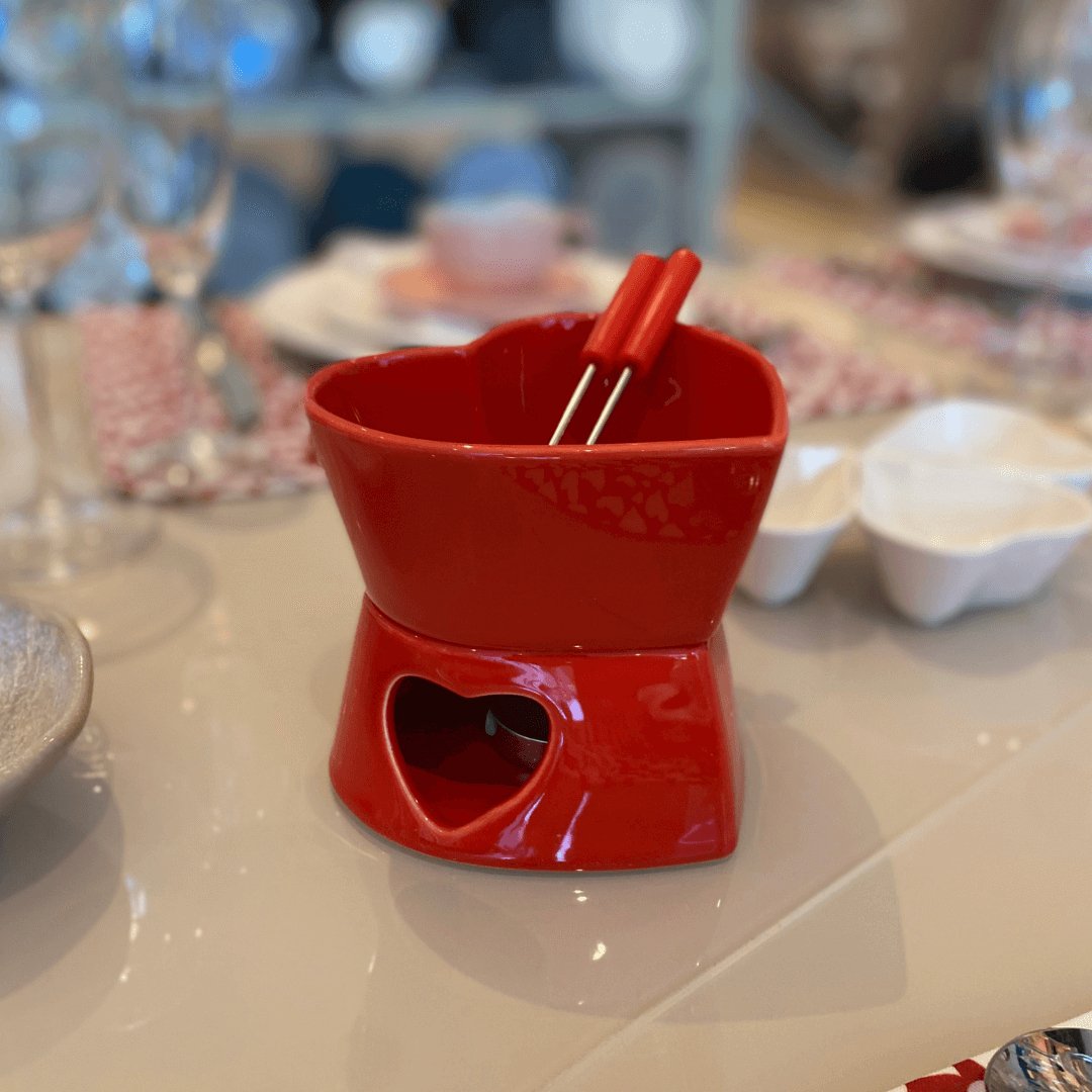 Aparelho de Fondue para Duas Pessoas Coração Vermelho 4 Peças 400ml - Ela Decora