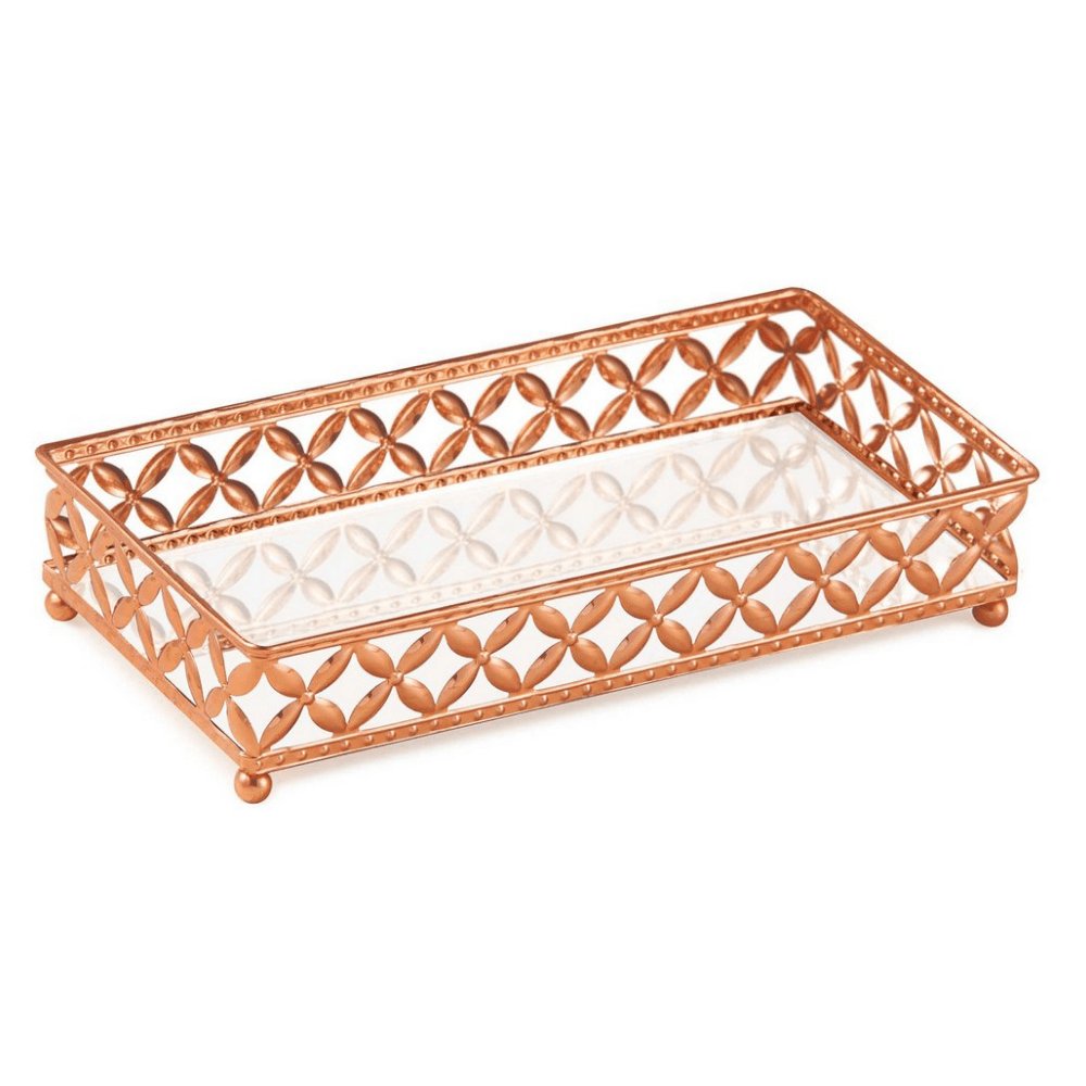 Bandeja de Metal com Interior Espelhado Retangular Rose Gold - 24 cm - Ela Decora