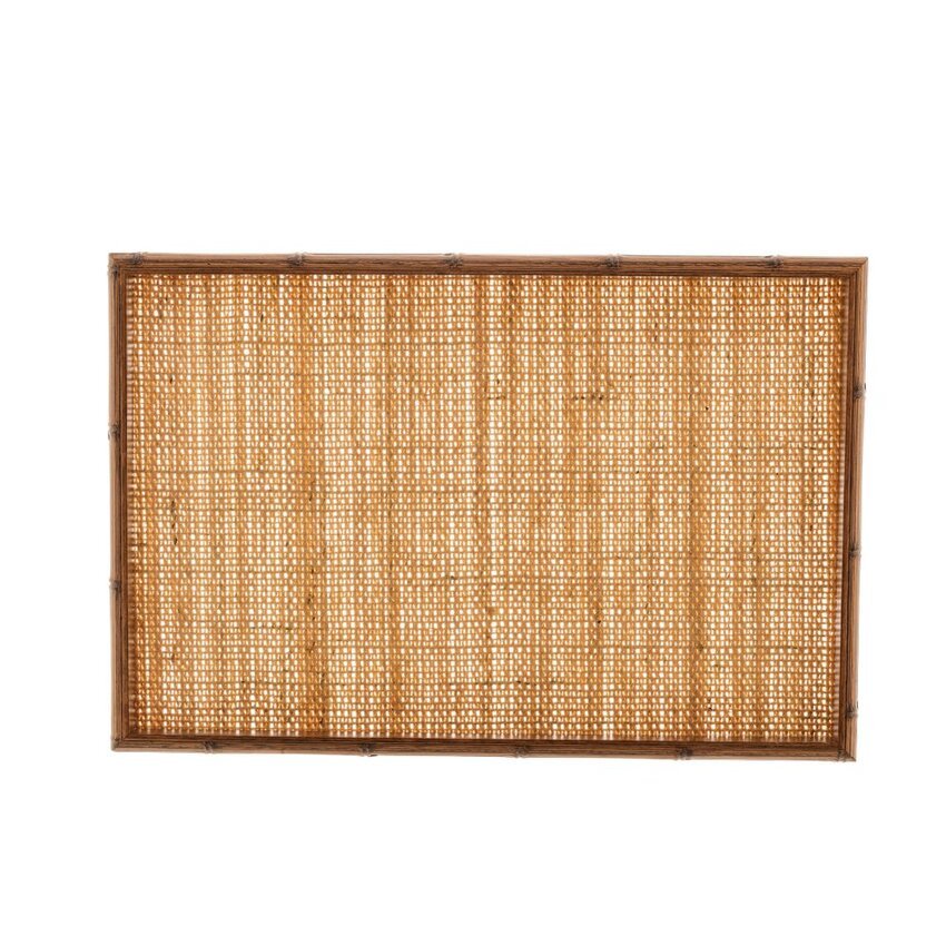 Bandeja Madeira Bambu com Vidro e Sisal Natural 38 x 24 cm - Ela Decora