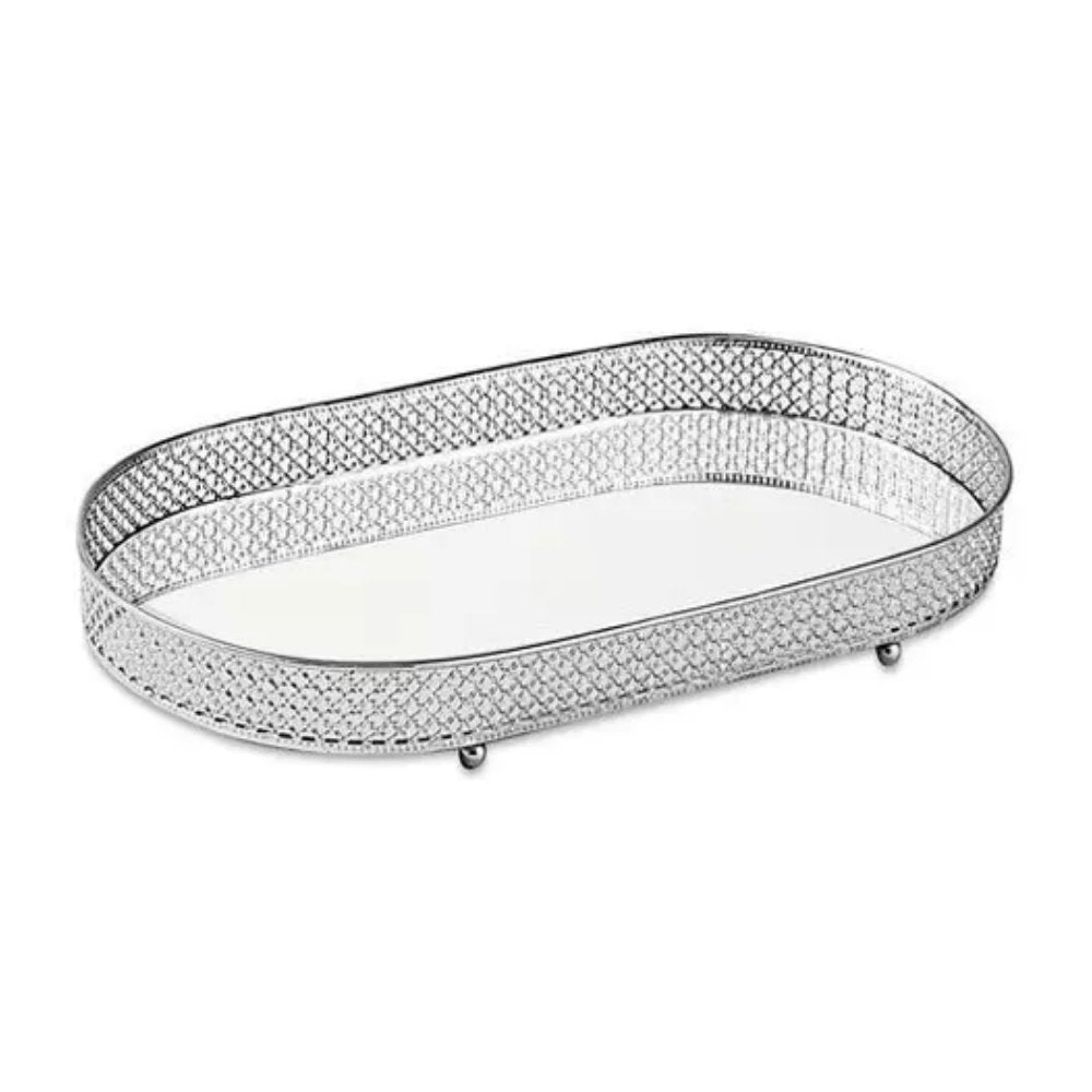 Bandeja Prata Oval Em Metal Com Espelho - 38,5 - Ela Decora