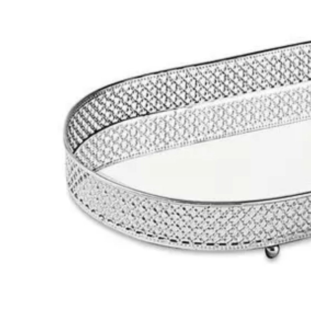 Bandeja Prata Oval Em Metal Com Espelho - 38,5 - Ela Decora