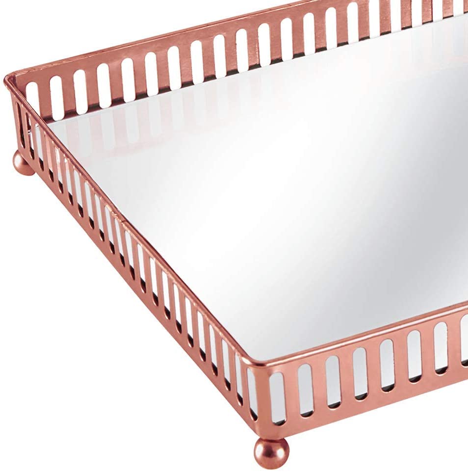 Bandeja Rose Gold em Metal Com Espelho - 19,5 x 26,5 cm - Ela Decora