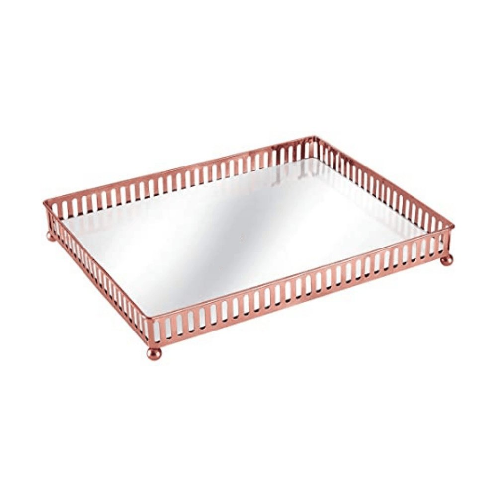 Bandeja Rose Gold em Metal Com Espelho - 19,5 x 26,5 cm - Ela Decora