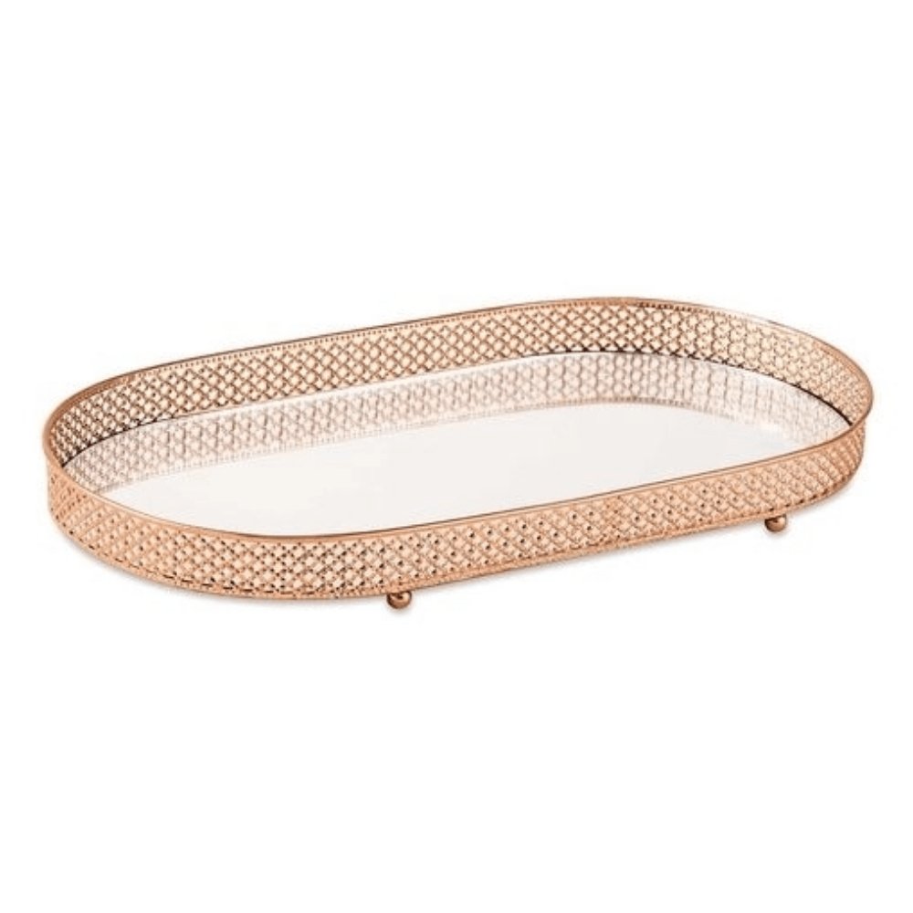 Bandeja Rose Gold em Metal com Espelho Oval G - 38,5 cm - Ela Decora