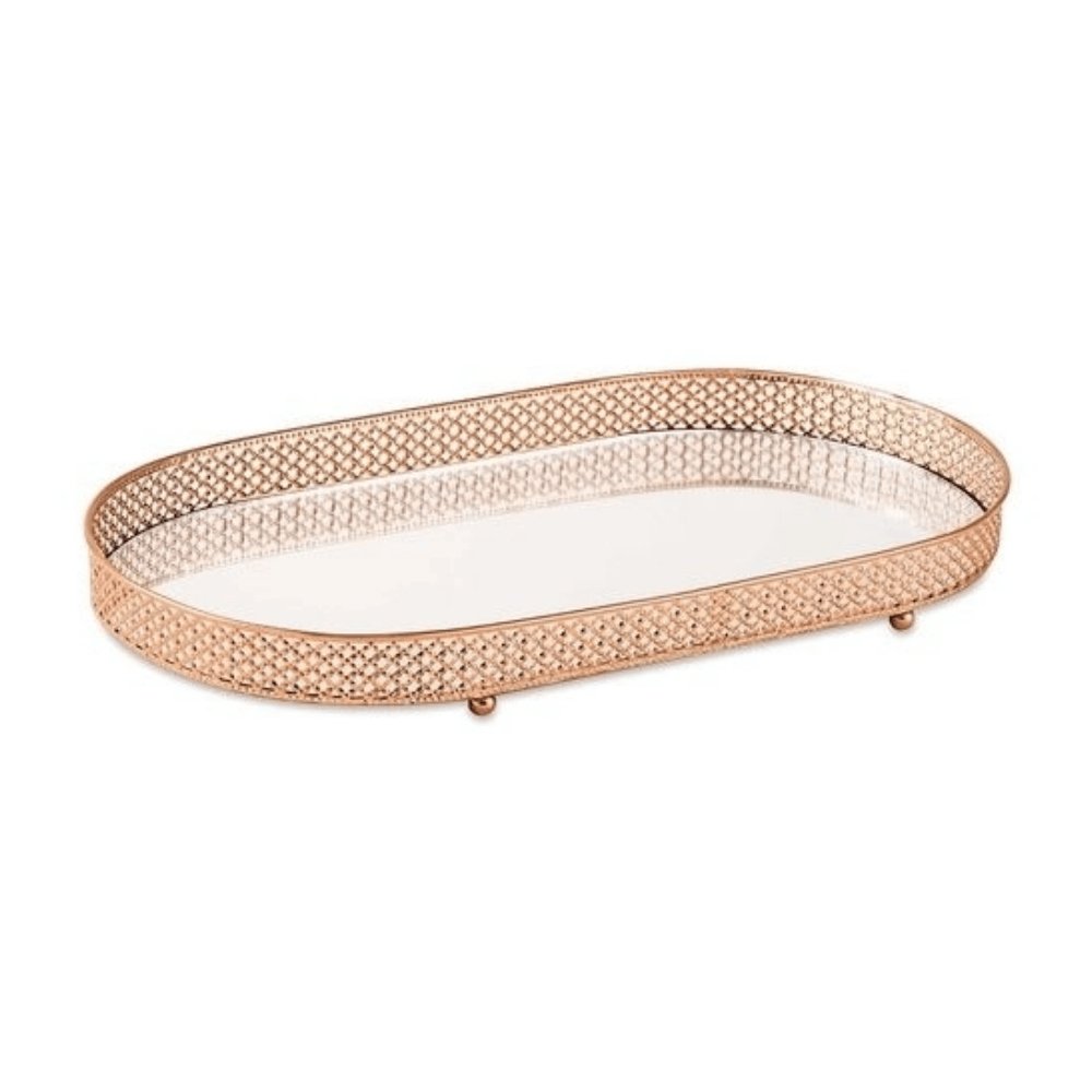 Bandeja Rose Gold em Metal com Espelho Oval M - 33 cm - Ela Decora