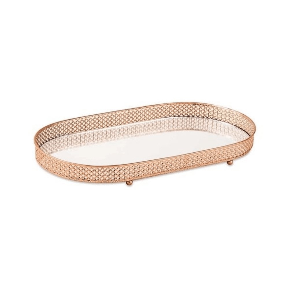 Bandeja Rose Gold em Metal com Espelho Oval P 28,5 cm x 13,5 cm x 4 cm - Ela Decora