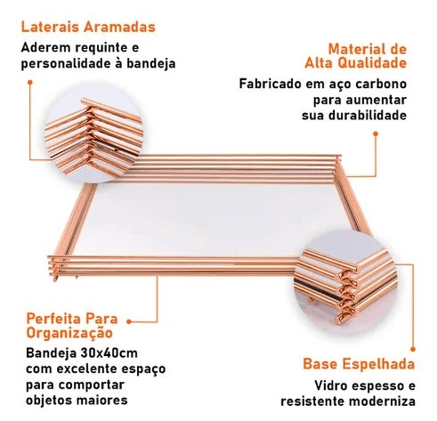 Bandeja Wire Com Espelho Rose Gold 40cm X 30cm - Ela Decora