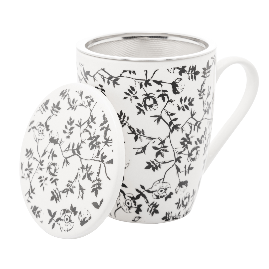 Caneca Porcelana com Tampa e Filtro Super White Tiny Flowers 340ml - Ela Decora