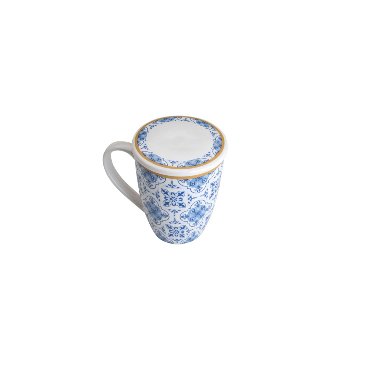 Caneca Super White com Tampa e Filtro Lisboa em Porcelana Azul e Branco 310ml - Ela Decora