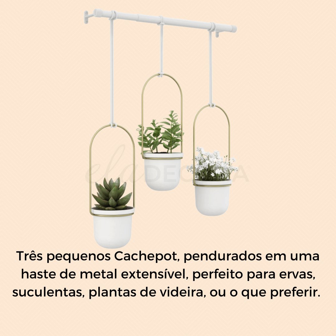 Conjunto com 3 Vasos Cachepot Suspensos Branco e Dourado - Ela Decora