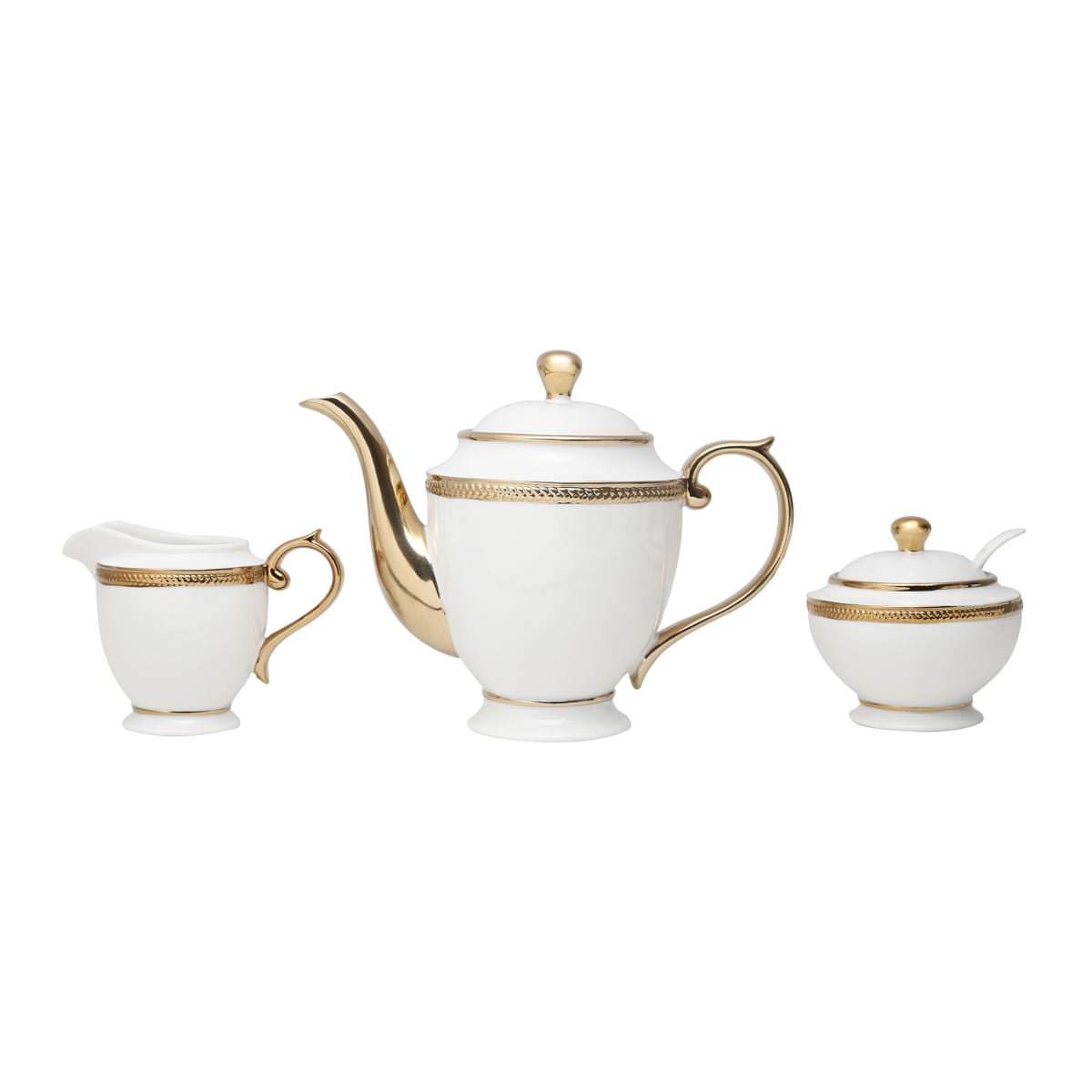 Conjunto para Chá Bule Açucareiro Leiteira Porcelana Paddy Branco e Dourado 3 Peças - Ela Decora