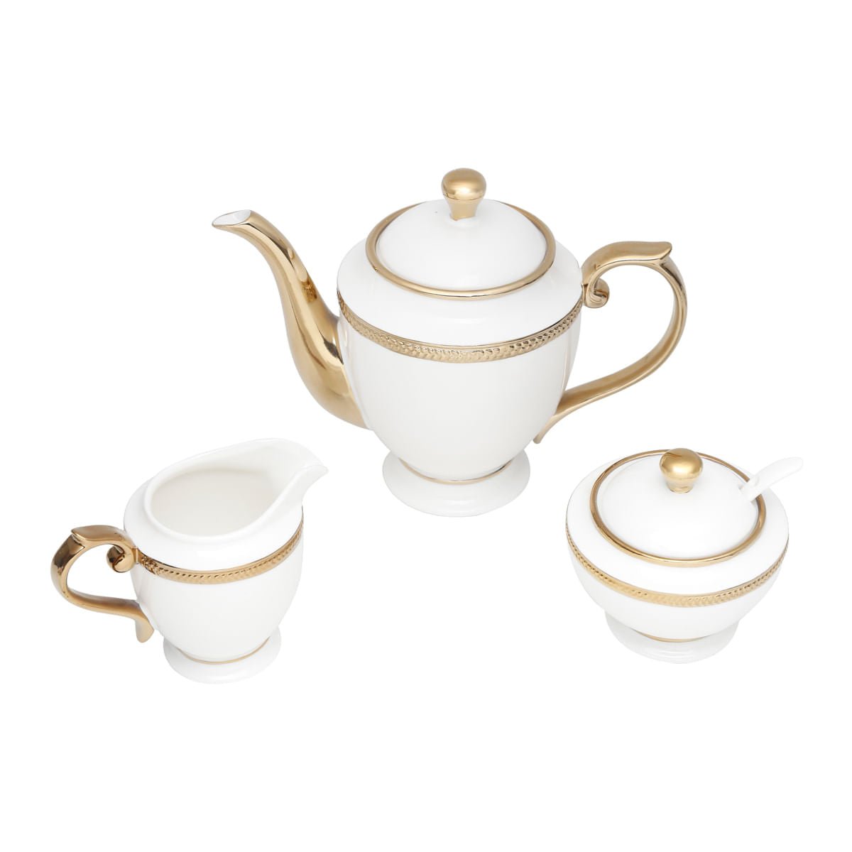 Conjunto para Chá Bule Açucareiro Leiteira Porcelana Paddy Branco e Dourado 3 Peças - Ela Decora