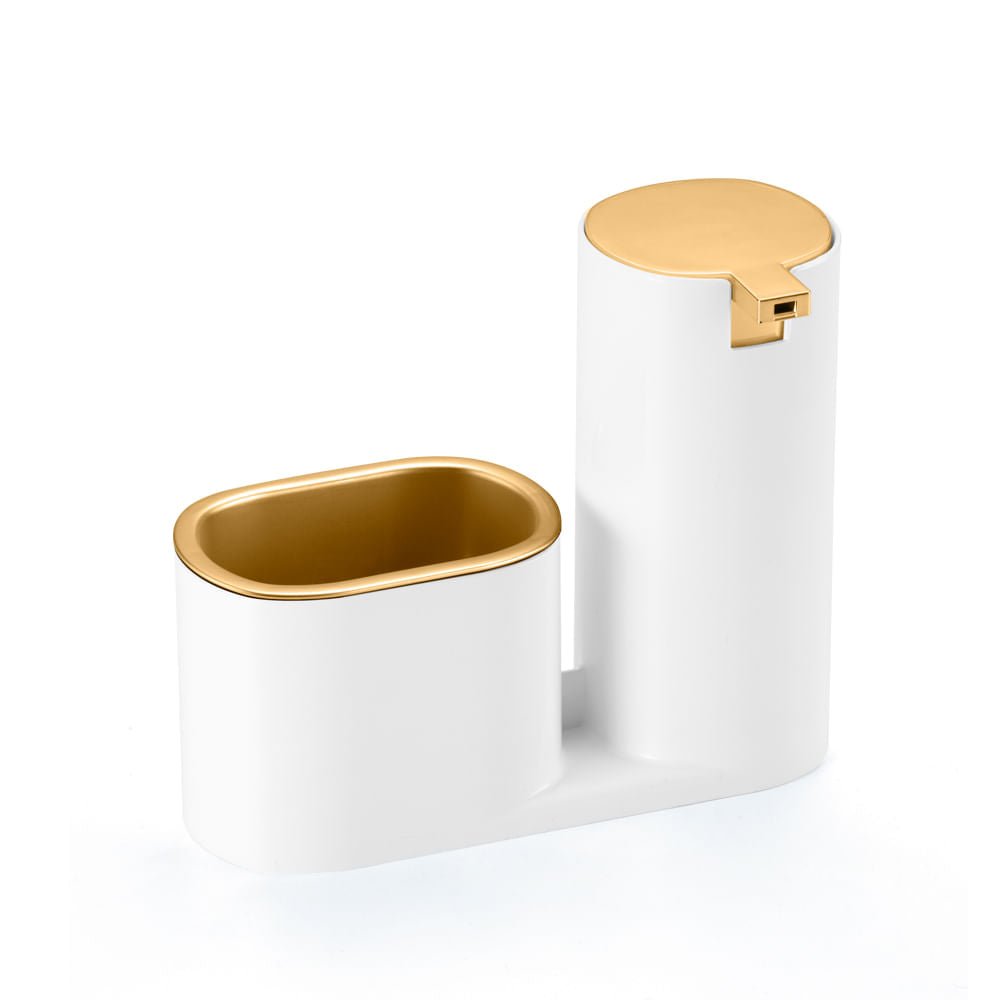 Dispenser Porta Detergente com Bucha Linha Conceito Branco com Dourado - Ela Decora