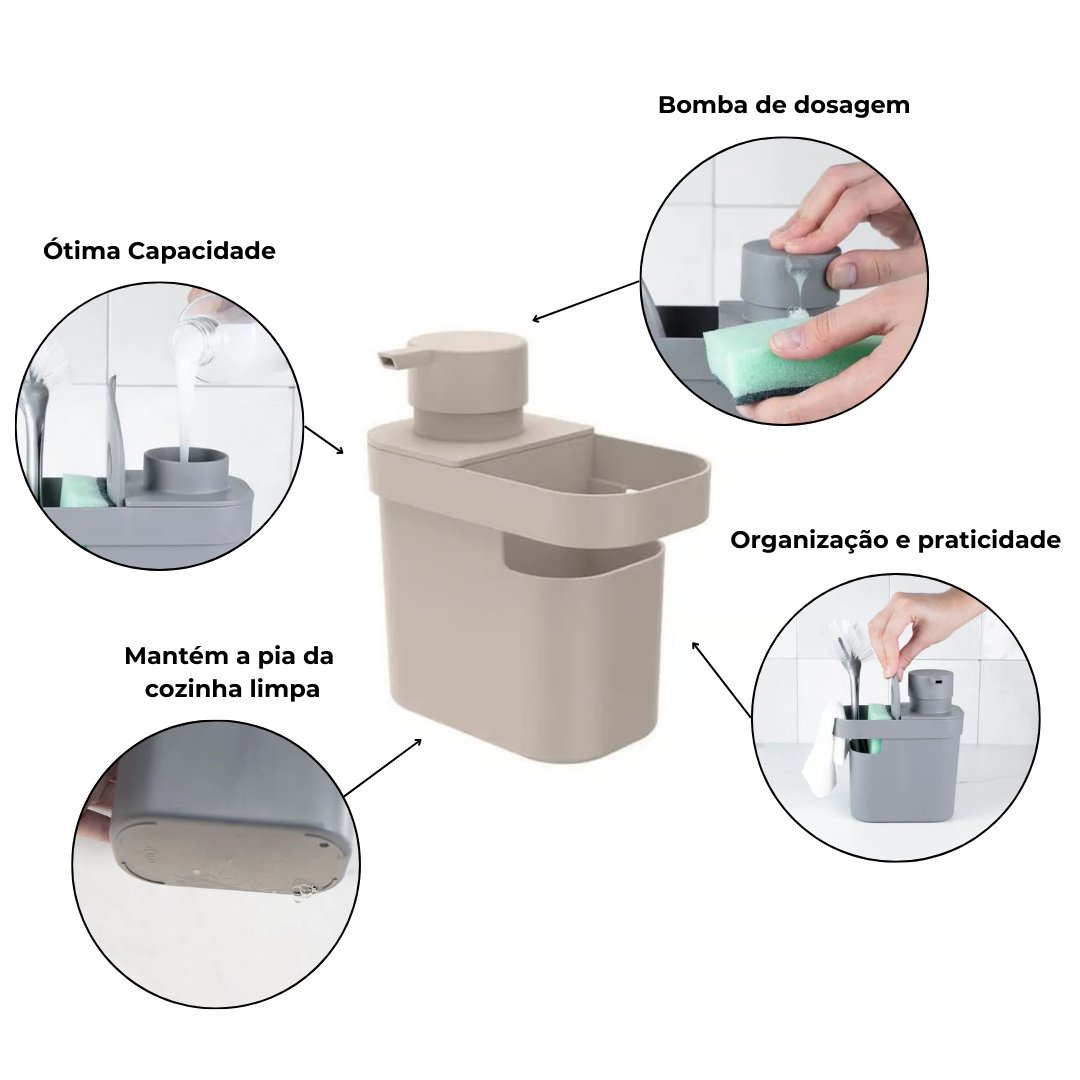 Dispenser Porta Detergente e Organizador Trium Bege 650ml - Ela Decora