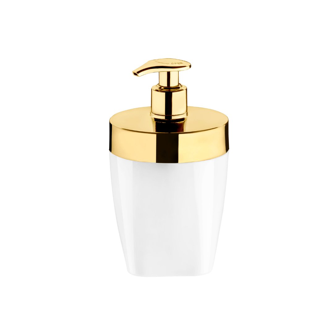 Dispenser Porta Sabonete Liquido Branco com Dourado 16cm - Ela Decora