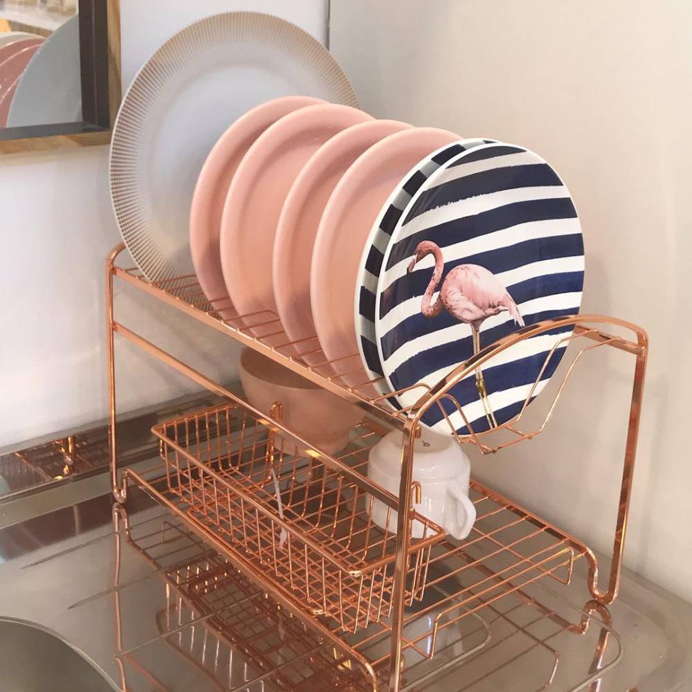 Escorredor de Louças Duplo 16 Pratos Aço Rose Gold - Ela Decora