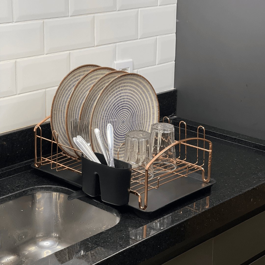 Escorredor De Louças Rose Gold Com Bandeja Preta 10 Pratos 8 Copos - Ela Decora