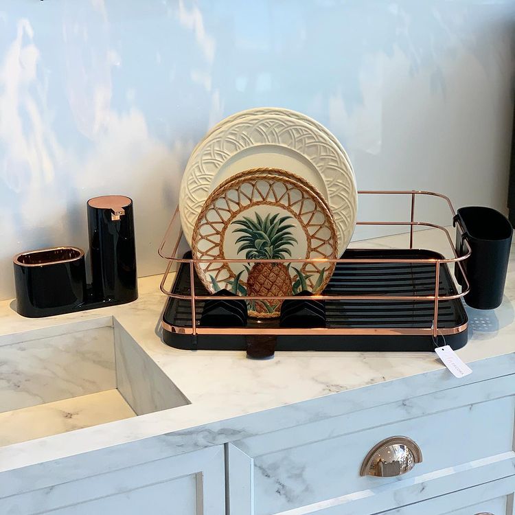 Escorredor de Louças Rose Gold Preto com Porta Talheres - Ela Decora