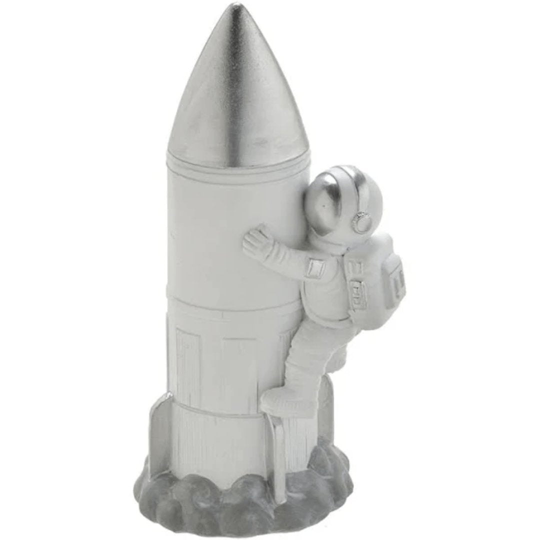 Escultura Astronauta no Foguete Decorativo Cromado 20cm - Ela Decora