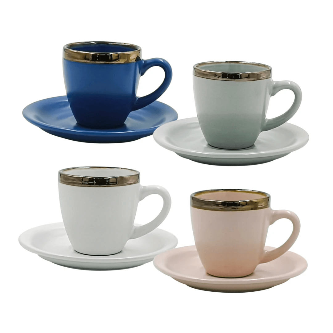 Jogo 4 Xícaras de Café e 4 Pires em Porcelana Colorido com Dourado 100ml - Ela Decora