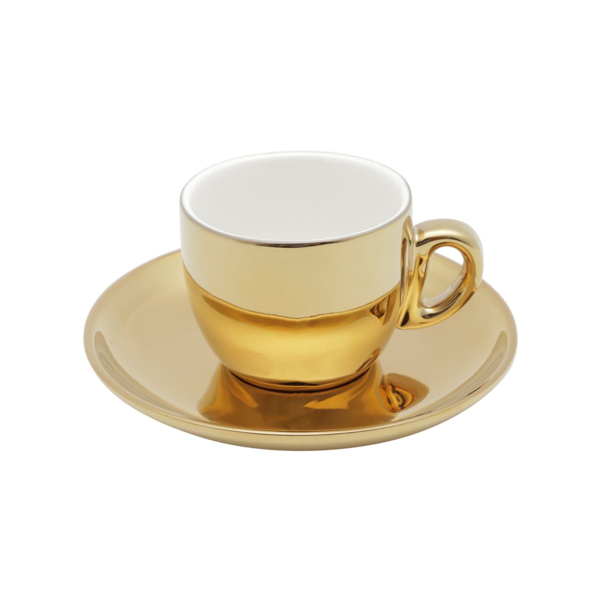 Jogo 6 Xícaras de Café com Pires em Porcelana Branco e Dourado com Suporte 90ml - Ela Decora