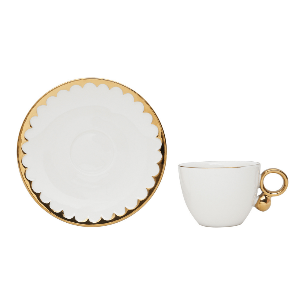 Jogo de Xícaras e Pires Para Café Porcelana Branco e Dourado 90ml Linha Egg 6 Peças - Ela Decora