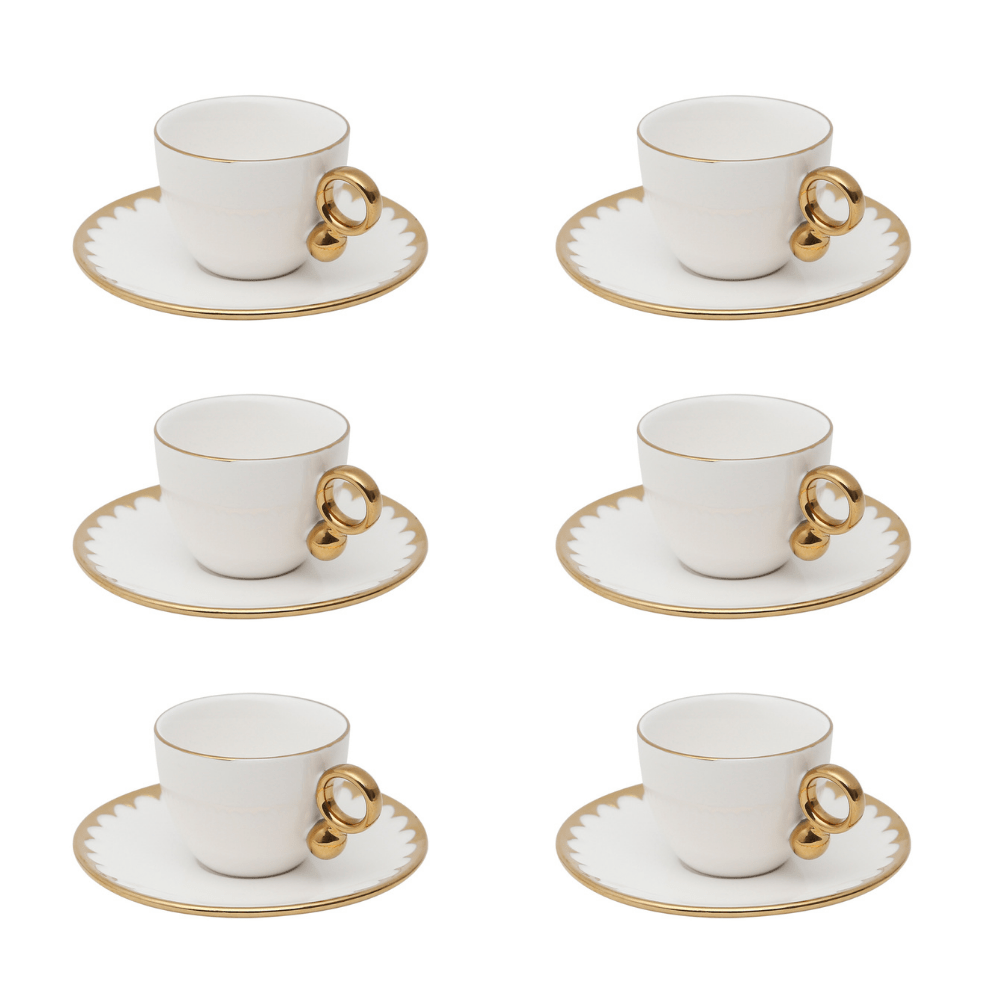 Jogo de Xícaras e Pires Para Café Porcelana Branco e Dourado 90ml Linha Egg 6 Peças - Ela Decora