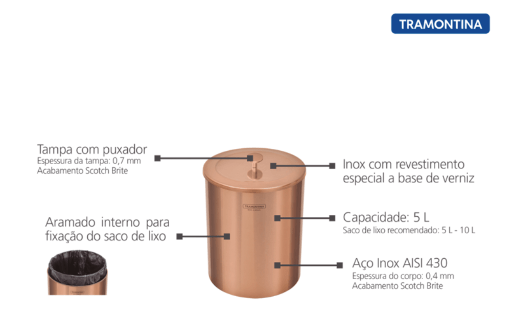 Lixeira 5 Litros Aço Inox Polido Verniz Rose Gold Luxo Tramontina - Ela Decora