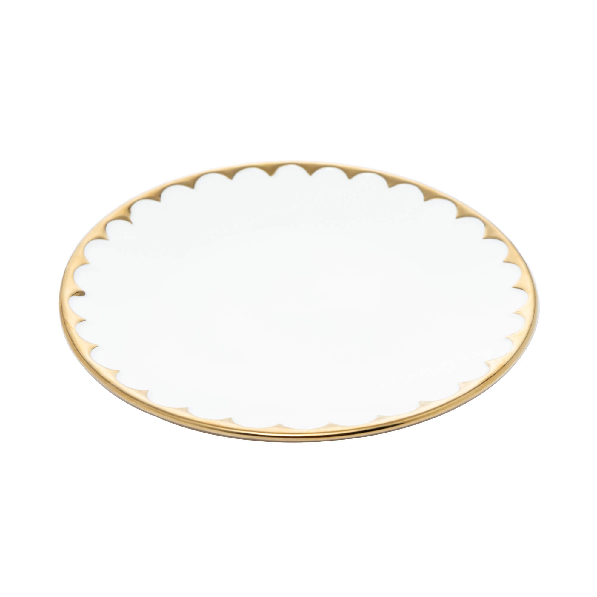 Prato de Sobremesa Porcelana Egg Branca e Dourada 19cm - Ela Decora