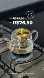 Stories de Chaleira de Vidro Borossilicato com Infusor Dourado Inox 600ml